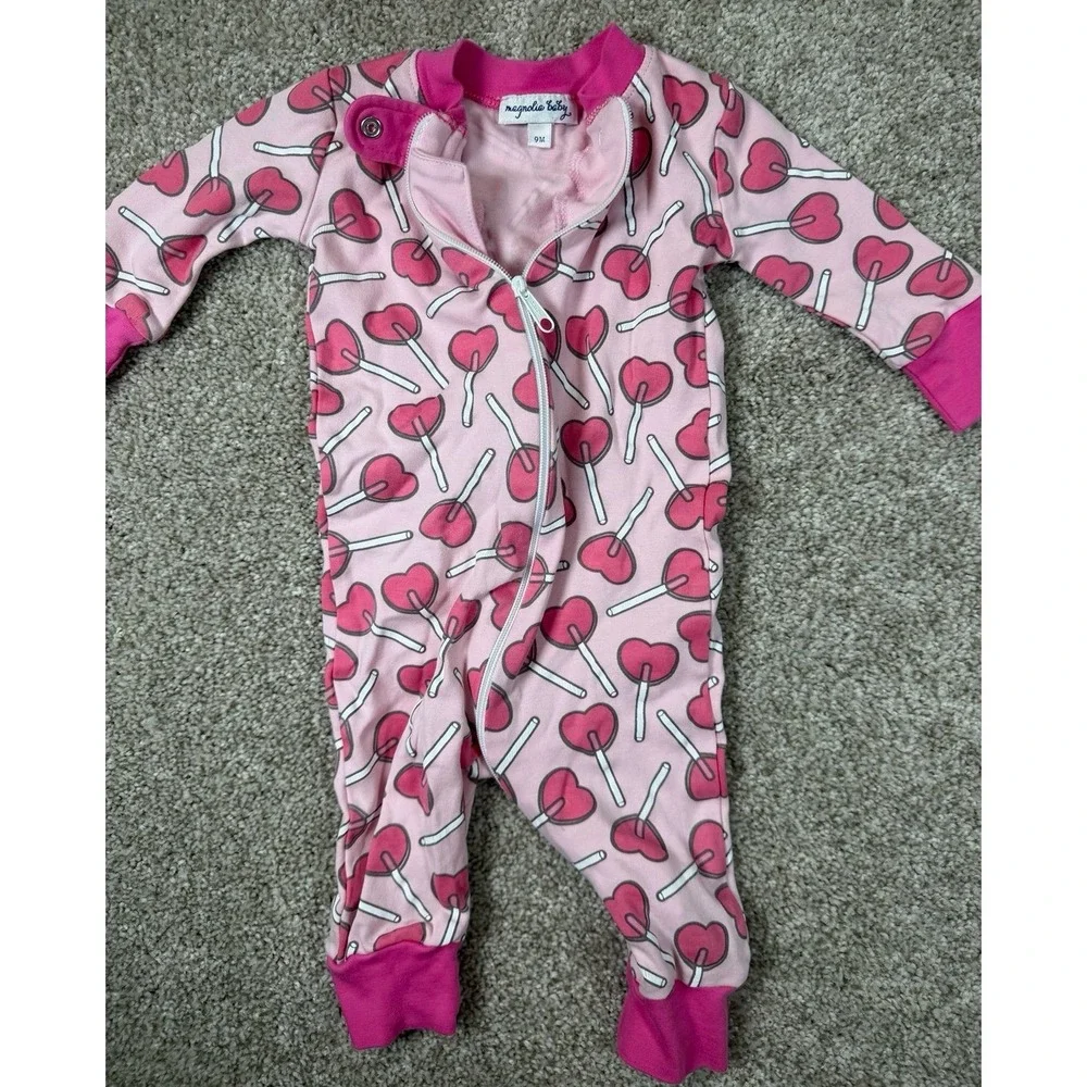 Magnolia Baby Pima Cotton Girls Pink Heart Lollipop Footie Pajamas 9 Months